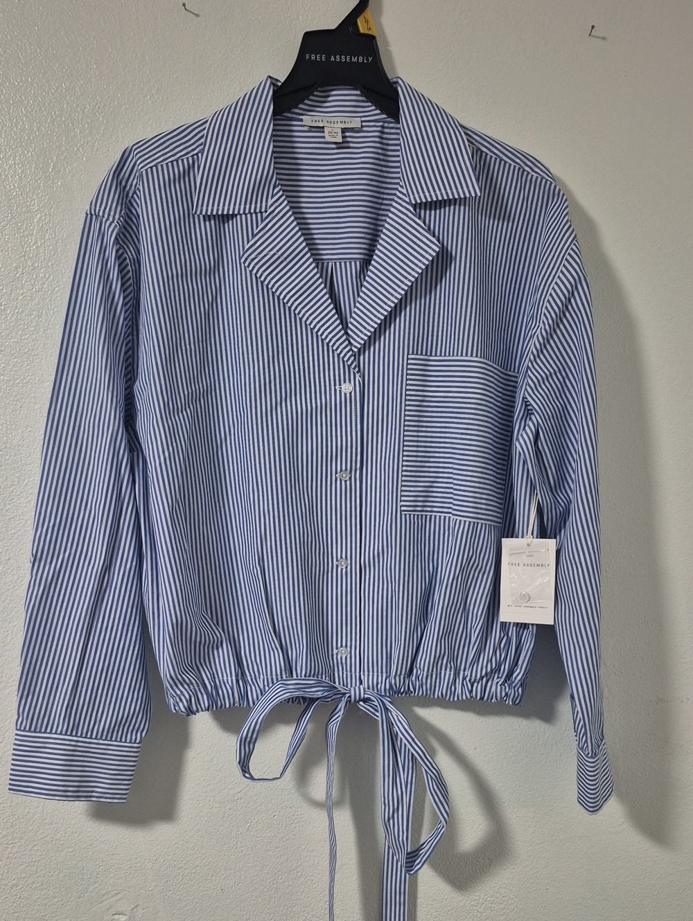 Free Assembly Blue And White Striped Poplin Tie Waist Shirt